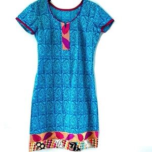 Blue Patterned Dress with Pink Accents